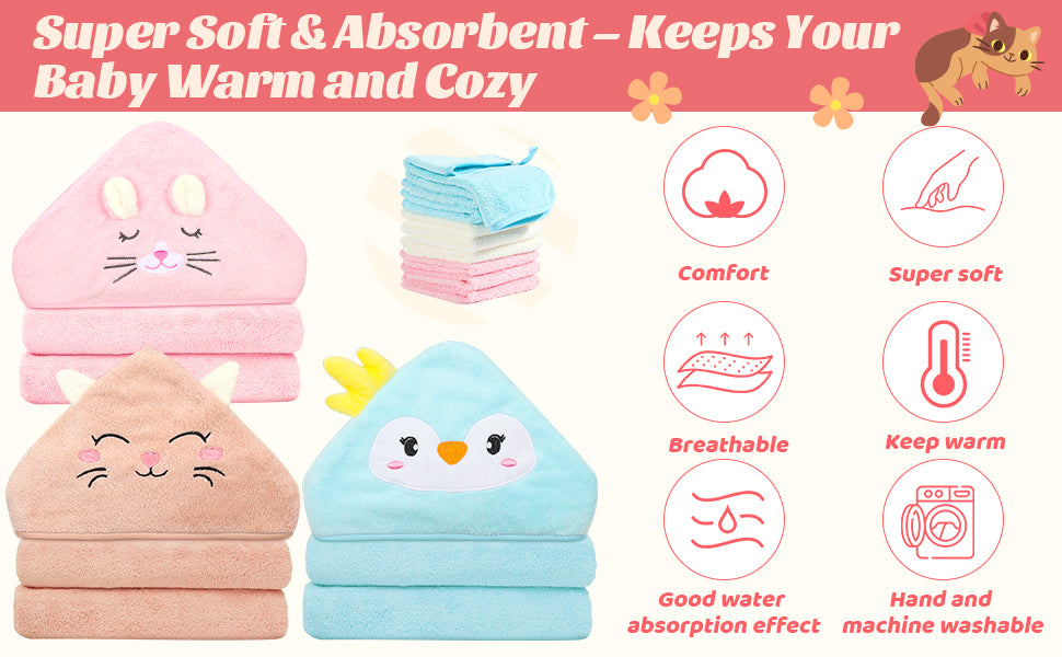 12 toallas de bebé con capucha, toallas suaves para bebé, toallas de baño absorbentes, 3 toallas de bebé y 9 paños de bebé para recién nacidos, niños pequeños y niños, toallas de bebé de 32 x 32
