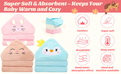 12 toallas de bebé con capucha, toallas suaves para bebé, toallas de baño absorbentes, 3 toallas de bebé y 9 paños de bebé para recién nacidos, niños pequeños y niños, toallas de bebé de 32 x 32