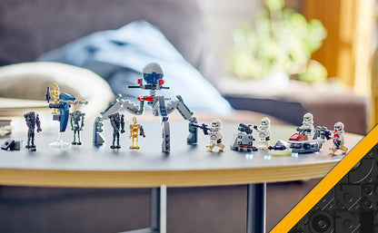 LEGO Star Wars 75372 - Paquete de batalla de soldado clon y droide de batalla para niños, vehículo de bicicleta Speeder de juguete construible, Tri-Droid y poste defensivo, coleccionable, regalo para