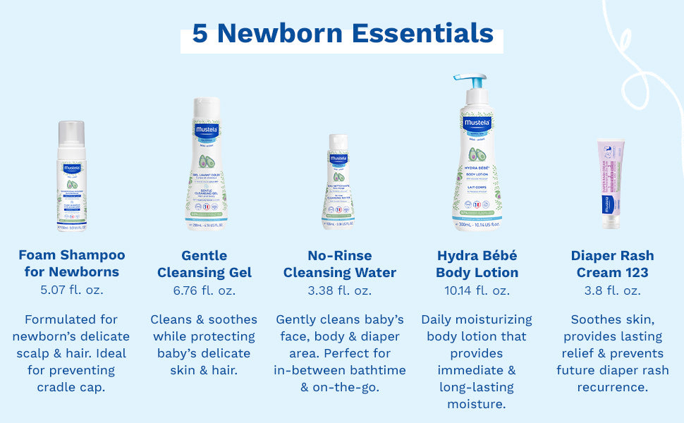 Mustela Set de regalo para recién nacidos, productos esenciales para el cuidado de la piel y el baño para bebés, natural y a base de plantas, juego de 5 artículos
