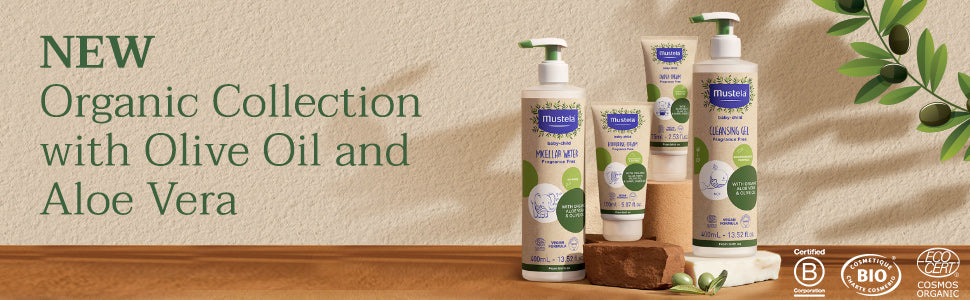 Mustela Crema hidratante orgánica certificada, loción corporal natural con aceite de oliva, aloe vera y aceite de girasol, para bebés, niños y adultos, sin fragancia, verificado por EWG y vegano, 5.07 onzas, el embalaje puede variar
