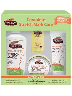 Kit de Cuidado de la Piel Palmer's con Fórmula de Manteca de Cacao para Estrías y Cicatrices, Aprobado por Dermatólogos, Regalo para Mamá, Juego de 4 Piezas de Tamaño Completo