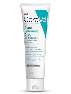 CeraVe Limpiador en crema espumosa para el acné, lavado facial de peróxido de benzoilo al 4% con ácido hialurónico, niacinamida y ceramidas, tratamiento diario suave para el acné para la cara