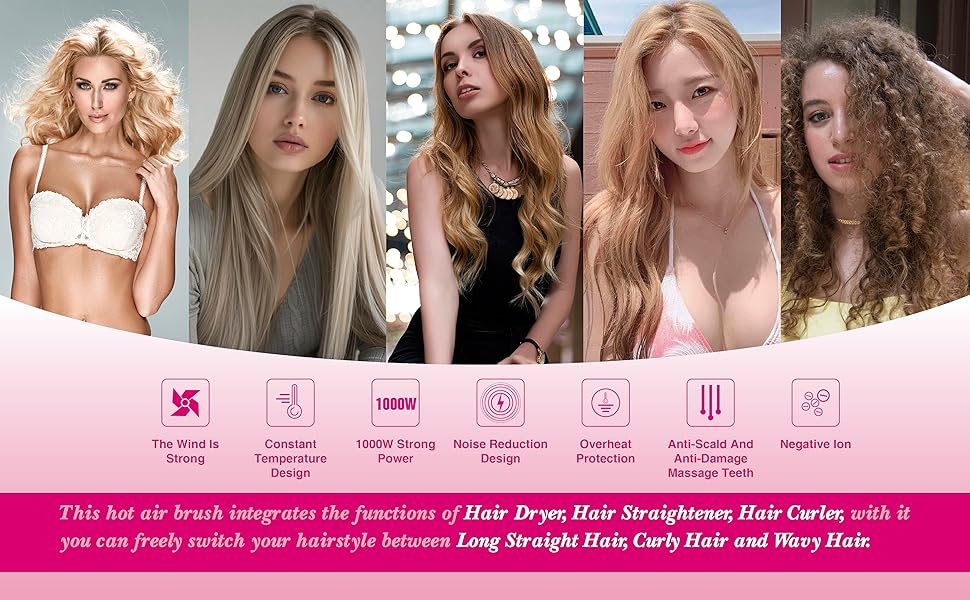 Cepillo Secador de Cabello, Cepillo Secador en Uno, Secador de Cabello Iónico y Estilizador Voluminizador 4 en 1 con Barril Ovalado de Titanio, Alisador de Aire Caliente para Peinado Suave Sin Frizz