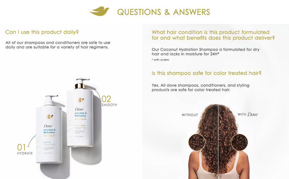 Dove Champú de coco e hidratación para cabello seco con tecnología de cuidado de bio-proteínas y aceite de coco, 28 onzas líquidas