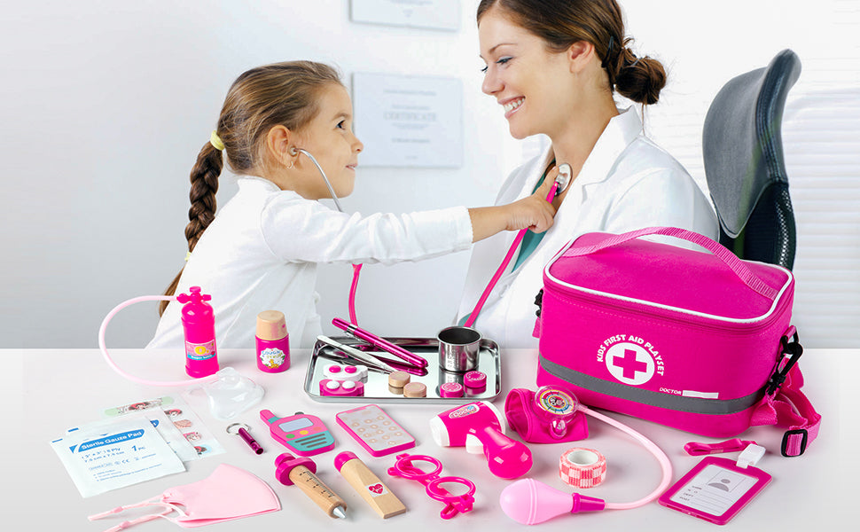 Kit médico para niños y niñas, 34 piezas para niños pequeños de 3 a 5 años con bolsa de almacenamiento médico y estetoscopio real, juego de simulación para niños y niñas, divertido juego de
