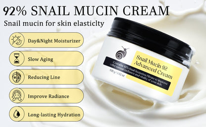Snail Mucin - Crema de suero reparadora al 92 %, hidratante facial hidratante antiedad, reafirmante y reducción de arrugas, reparación diaria, crema facial de mucina de caracol para piel seca y sensible, todo tipo de piel, 3.53 oz/3.52 onzas