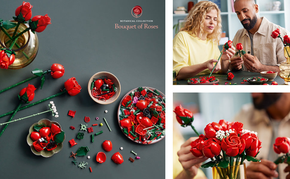LEGO Botanicals - Ramo de rosas artificiales, juego de construcción de rosas rojas falsas para adultos, mayores de 18 años, regalos para el día de San Valentín para ella, decoración del hogar para