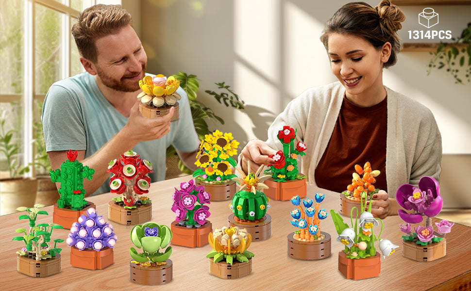 Paquete de 15 mini construcción de flores y plantas, 1314 piezas de suculentas de flores de 0.142 in, colección botánica, juguete de bloque para decoración del hogar, oficina, regalos de cumpleaños de Pascua para adultos, mujeres, niños y niñas mayores de