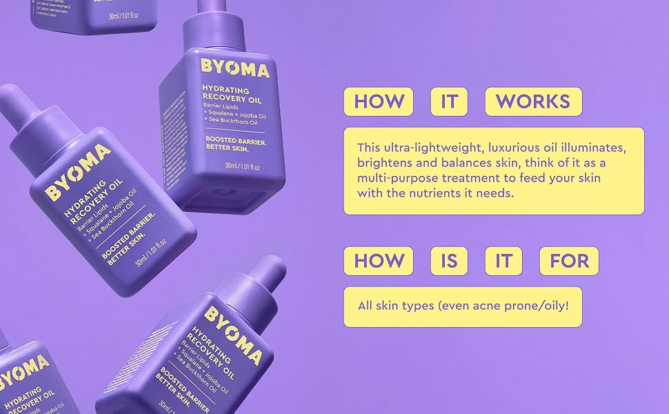BYOMA Aceite Hidratante de Recuperación - Aceite Facial de Lujo con Escualano, Aceite de Jojoba y Aceite de Espino Amarillo - Piel Instantáneamente Radiante y Luminosa - Aceite Facial Reparador de