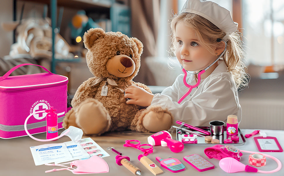 Kit médico para niños y niñas, 34 piezas para niños pequeños de 3 a 5 años con bolsa de almacenamiento médico y estetoscopio real, juego de simulación para niños y niñas, divertido juego de